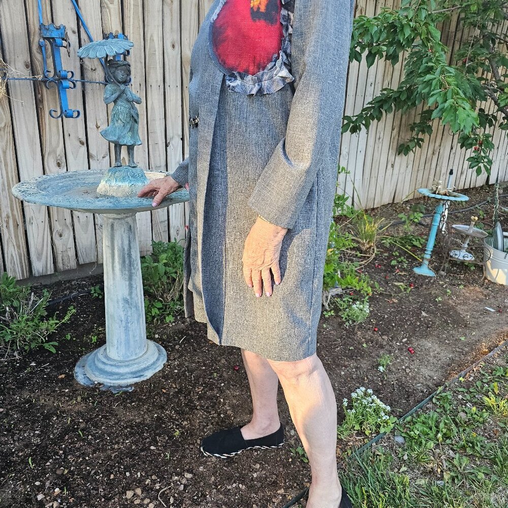 OOAK VINTAGE GREY LONG JACKET & DRESS WASHABLE APPLICADED RED POPPYS